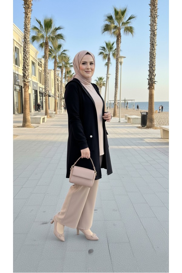 İlayda Kapüşonlu İki İplik Likralı Penye Kap-Siyah