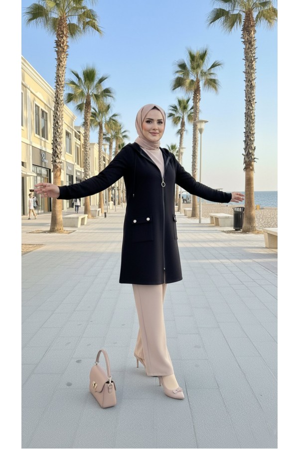 İlayda Kapüşonlu İki İplik Likralı Penye Kap-Siyah