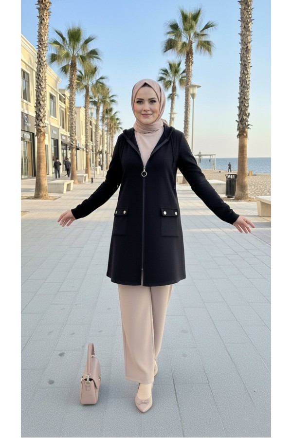 İlayda Kapüşonlu İki İplik Likralı Penye Kap-Siyah