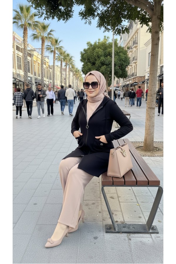 İlayda Kapüşonlu İki İplik Likralı Penye Kap-Siyah