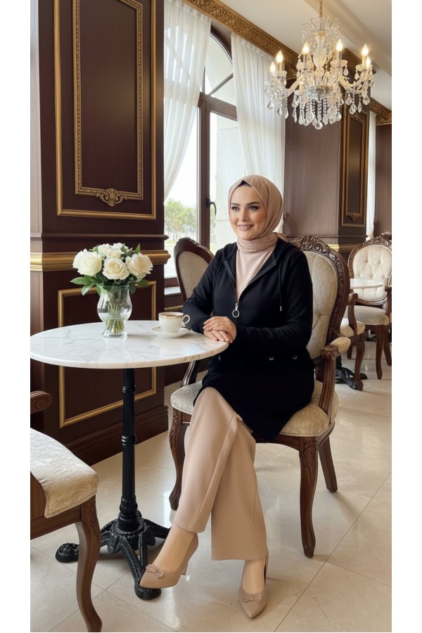 İlayda Kapüşonlu İki İplik Likralı Penye Kap-Siyah