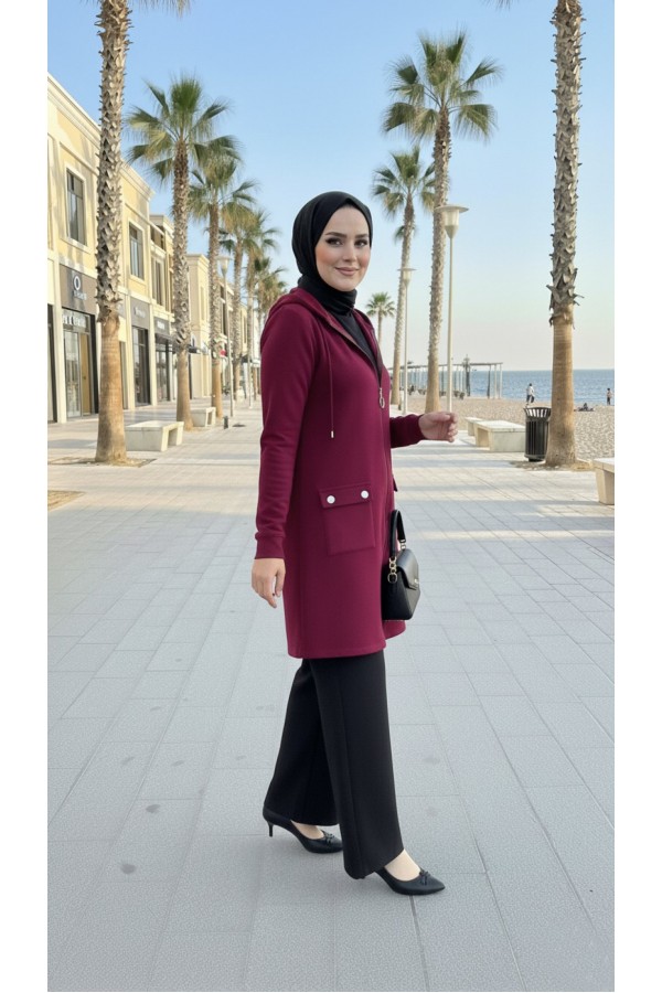 İlayda Kapüşonlu İki İplik Likralı Penye Kap-Bordo