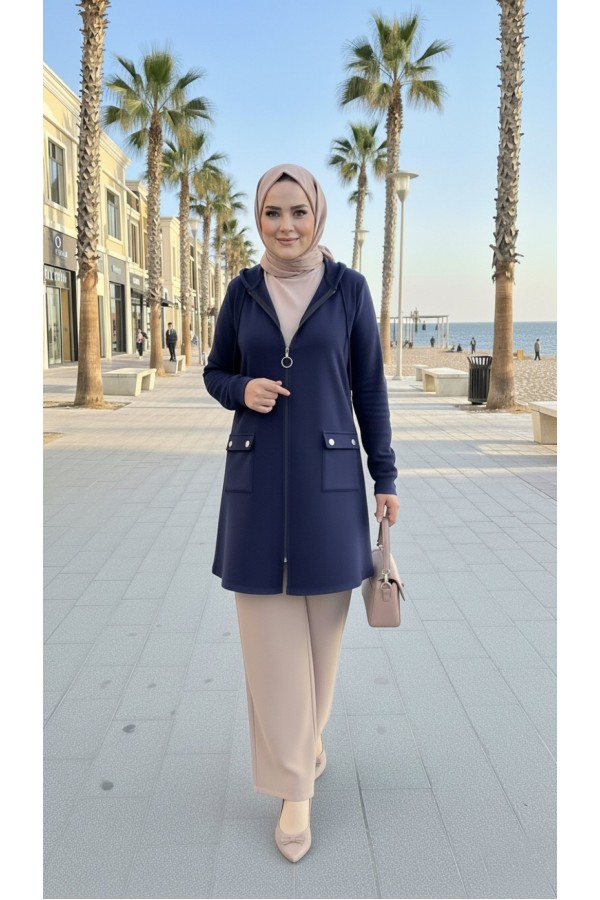 İlayda Kapüşonlu İki İplik Likralı Penye Kap-Lacivert