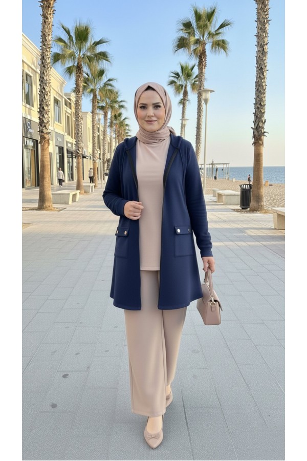 İlayda Kapüşonlu İki İplik Likralı Penye Kap-Lacivert