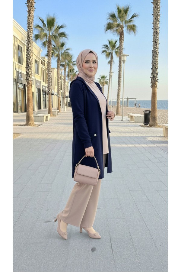 İlayda Kapüşonlu İki İplik Likralı Penye Kap-Lacivert