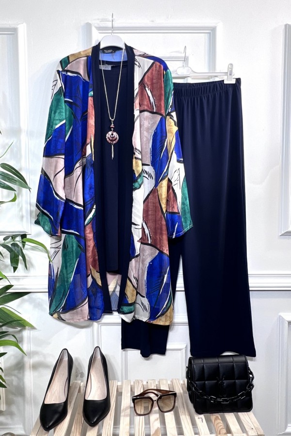 Alya Şifon Sandy Üçlü Takım-KOLYE HEDİYELİ-Lacivert Yaprak