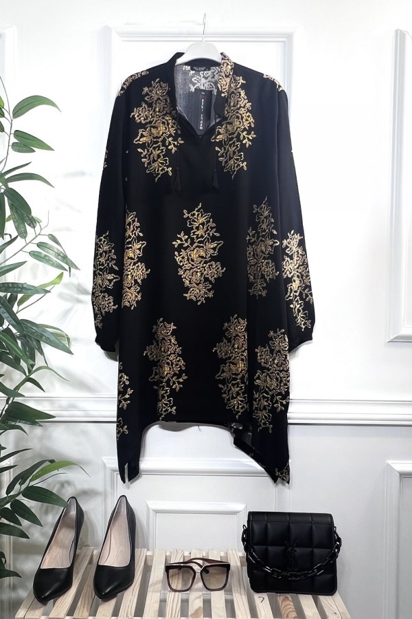 Ahenk Bağcıklı Pamuk Viskon Tunik - Siyah Kilim