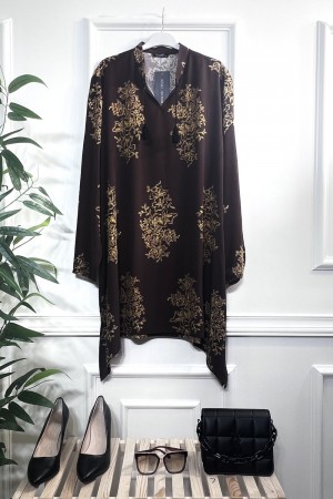 Ahenk Bağcıklı Pamuk Viskon Tunik - Kahve Kilim