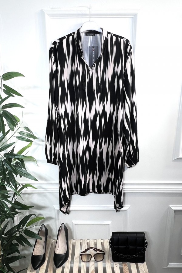 Ahenk Bağcıklı Pamuk Viskon Tunik - Siyah Şimşek