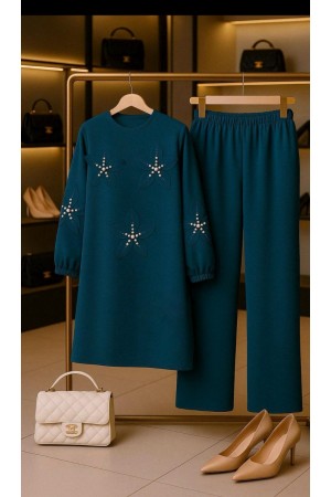 Çiçek İnci Detaylı Ayrobin Takım - Petrol