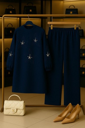 Çiçek İnci Detaylı Ayrobin Takım - Lacivert Çiçek İnci Detaylı Ayrobin Takım - Lacivert