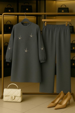 Çiçek İnci Detaylı Ayrobin Takım - Gri Çiçek İnci Detaylı Ayrobin Takım - Gri