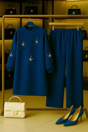 Çiçek İnci Detaylı Ayrobin Takım - İndigo Çiçek İnci Detaylı Ayrobin Takım - İndigo