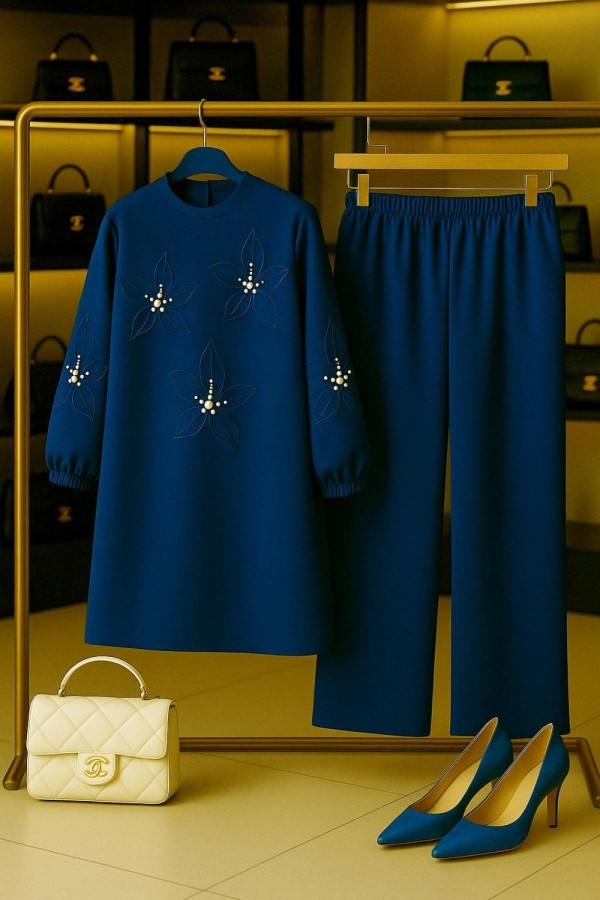 Çiçek İnci Detaylı Ayrobin Takım - İndigo