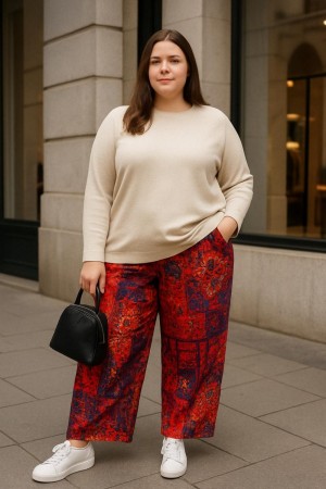 Kiraz Pamuk Viskon Cepli Bol Paça Pantolon-Kırmızı Etnik
