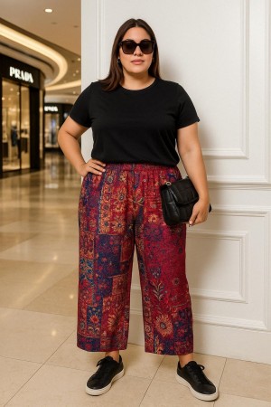 Kiraz Pamuk Viskon Cepli Bol Paça Pantolon-Kırmızı Etnik