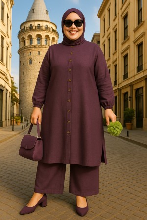 Mira Düğmeli Uzun Sofya Keten Takım -Mürdüm