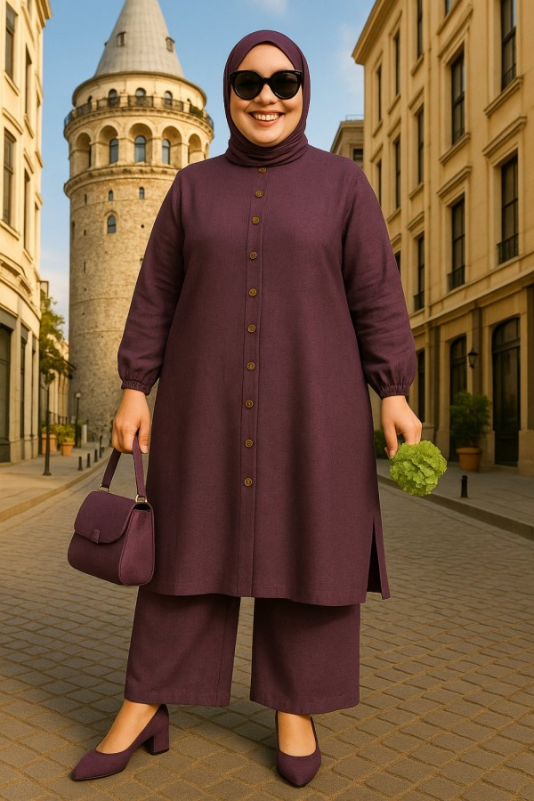 Mira Düğmeli Uzun Sofya Keten Takım -Mürdüm