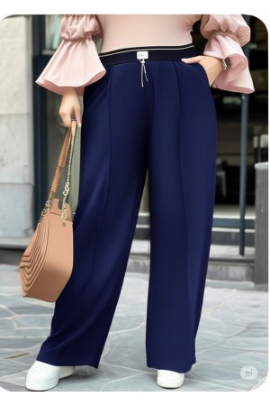 Fashion Zincirli Beli Lastikli Bol Paça Pantolon -Lacivert 