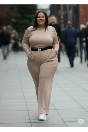 Fashion Zincirli Beli Lastikli Bol Paça Pantolon -Taş