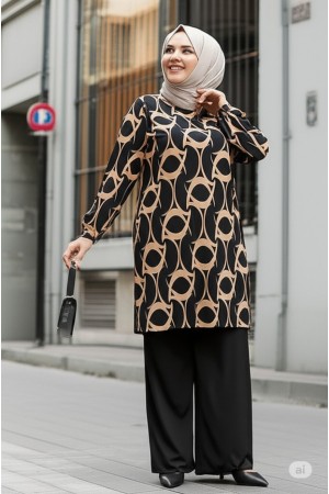 Alev Full Esnek Likralı Penye Viskon İkili Takım-Siyah Kahve Halka