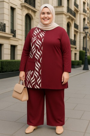 Şelale Cep Detaylı Kristal Penye Takım-Bordo