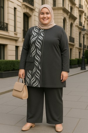 Şelale Cep Detaylı Kristal Penye Takım-Antrasit