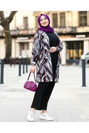 Kumru Pamuk Penye Viskon Üçlü Takım-Bordo Gri  Akarsu