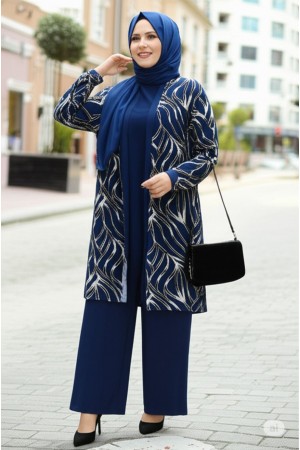 Kumru Pamuk Penye Viskon Üçlü Takım-Lacivert Simli Dal Kumru Pamuk Penye Viskon Üçlü Takım-Lacivert Simli Dal