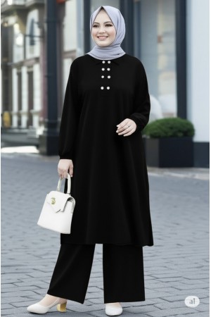 Duru Düğme Detaylı Yakalı Ayrobin Takım - Siyah 
