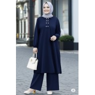 Duru Düğme Detaylı  Yakalı Ayrobin Takım -Lacivert