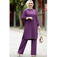 Duru Düğme Detaylı  Yakalı Ayrobin Takım - Mürdüm