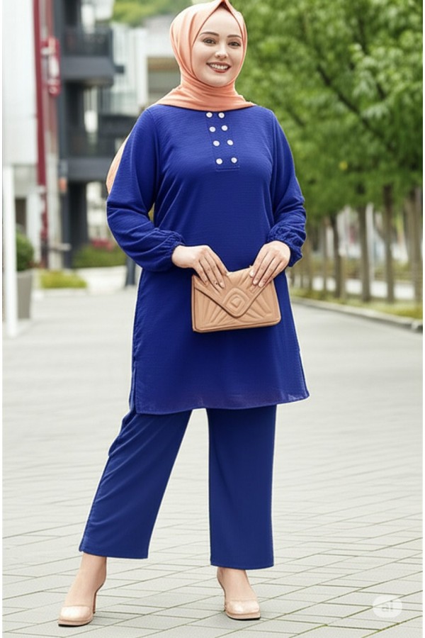Duru Düğme Detaylı  Yakalı Ayrobin Takım -İndigo