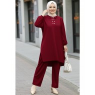 Duru Düğme Detaylı Yakalı Ayrobin Takım -Bordo Duru Düğme Detaylı Yakalı Ayrobin Takım -Bordo