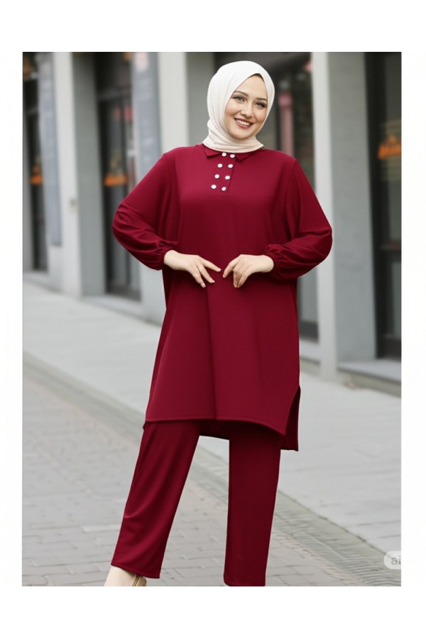 Duru Düğme Detaylı  Yakalı Ayrobin Takım -Bordo