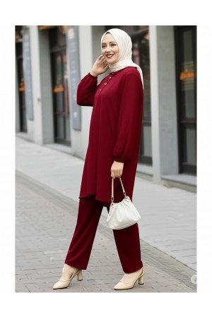 Duru Düğme Detaylı  Yakalı Ayrobin Takım -Bordo