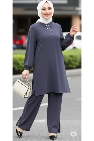 Duru Düğme Detaylı  Yakalı Ayrobin Takım -Antrasit