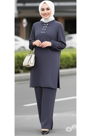 Duru Düğme Detaylı  Yakalı Ayrobin Takım -Antrasit