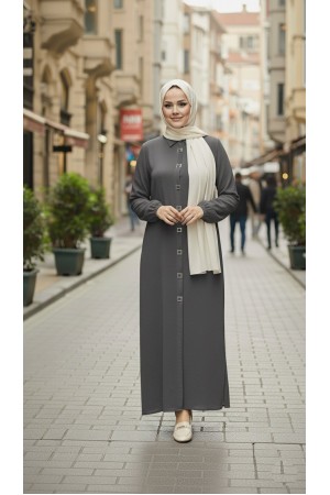 Dünya Kare Metal Düğmeli Yakalı Ferace - Gri