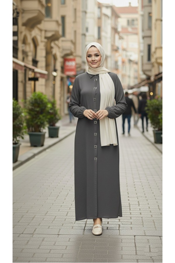 Dünya Kare Metal Düğmeli Yakalı Ferace - Gri