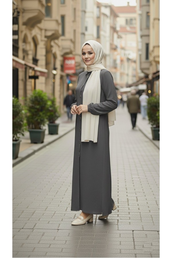 Dünya Kare Metal Düğmeli Yakalı Ferace - Gri