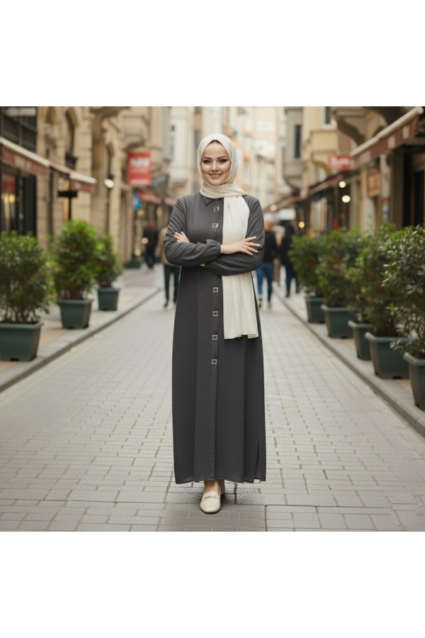 Dünya Kare Metal Düğmeli Yakalı Ferace - Gri