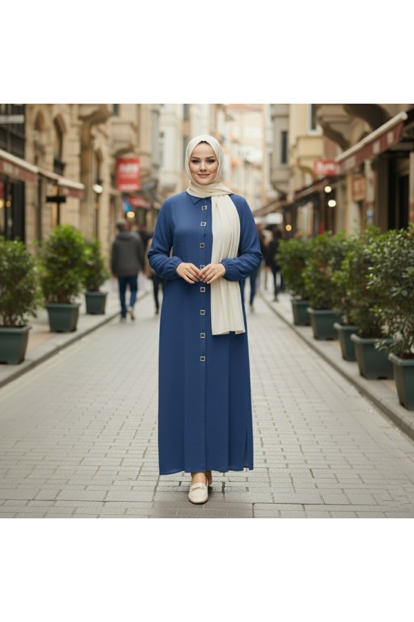 Dünya Kare Metal Düğmeli Yakalı Ferace - İndigo 