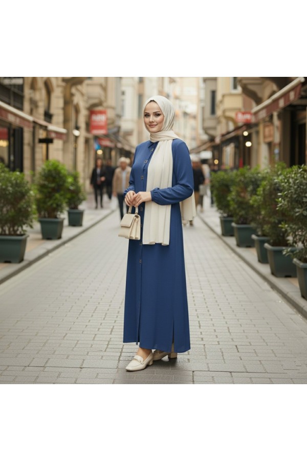 Dünya Kare Metal Düğmeli Yakalı Ferace - İndigo 