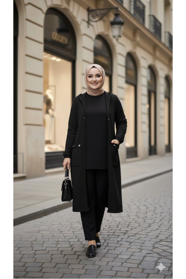 Yonca Düğmeli Cep Detaylı Ayrobin Kap-Siyah 