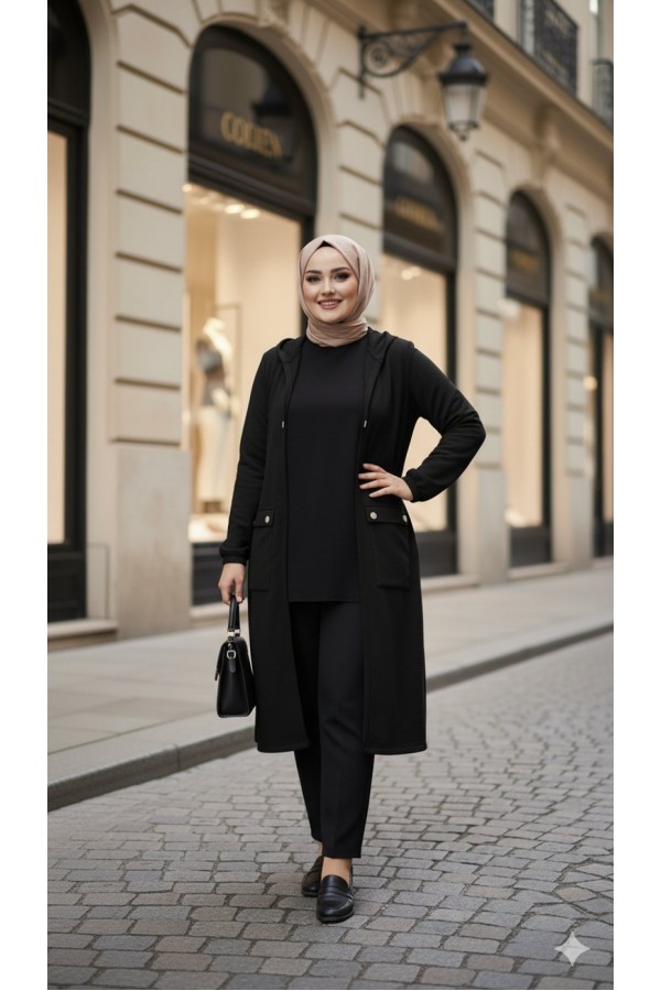 Yonca Düğmeli Cep Detaylı Ayrobin Kap-Siyah 