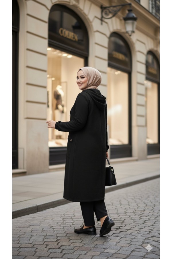 Yonca Düğmeli Cep Detaylı Ayrobin Kap-Siyah 