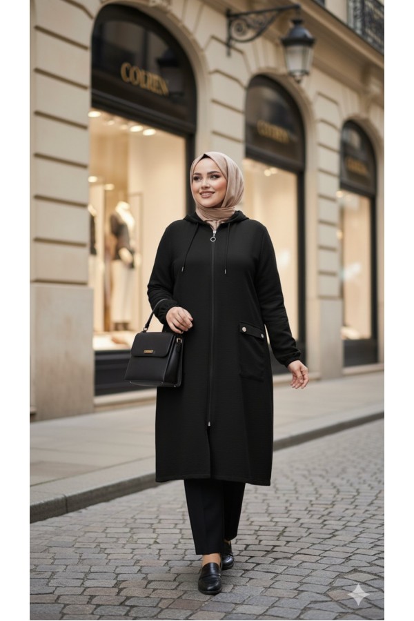 Yonca Düğmeli Cep Detaylı Ayrobin Kap-Siyah 