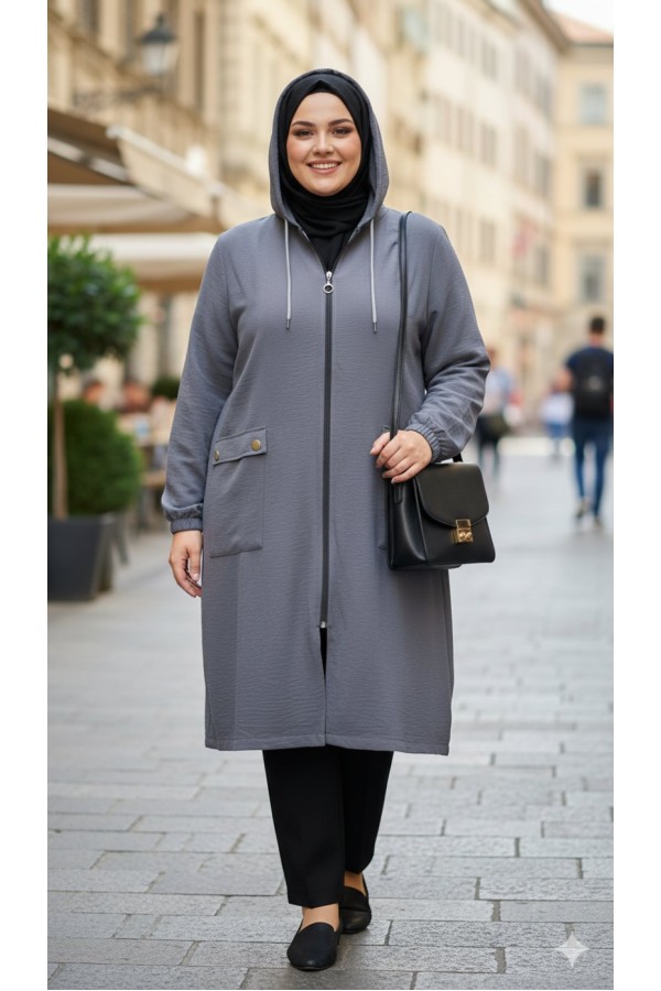 Yonca Düğmeli Cep Detaylı Ayrobin Kap-Gri