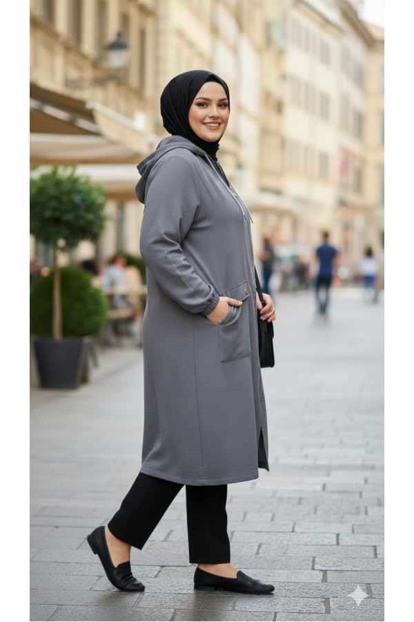 Yonca Düğmeli Cep Detaylı Ayrobin Kap-Gri